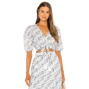 Cleobella Tie-Front Crop Top Womens Size S Blue Floral Puff Sleeve Ruffle Back